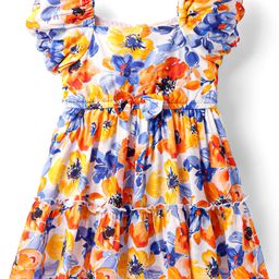 Babyhug Woven Puffed Sleeves Frocks with Floral Print - White & Blue-image-53