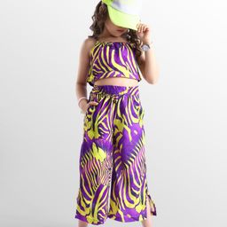 Ollington St. Woven Sleeveless Leaf Printed Top & Culotte Pant Co-Ord Set- Purple-picture-0