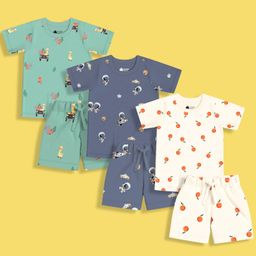 Orange Sugar 100% Cotton Knit Pack of 3 Half Sleeves Space Theme & Animals Printed Tees & Coordinating Shorts Set - Multi Colour-image-33