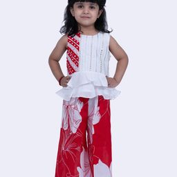 Twisha Cotton Sleeveless Mirror Work Detailed Layered Top With Floral Printed Palazzo Set - White & Red-image-10