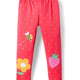 Babyhug Cotton Lycra Knit Full Length Leggings with Floral Fruit & Bee Print - Red-image-84