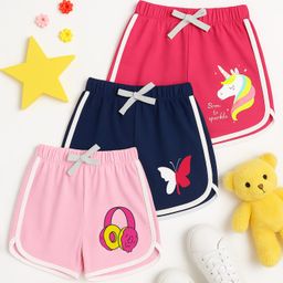 KUCHIPOO Cotton Pack Of 3 Butterfly & Unicorn Printed Side Taped Shorts - Pink Navy Blue & Dark Red-image-32