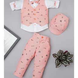 Rikidoos Full Sleeves Striped & Typography Printed 3 Piece Coordinating Party Suit Set With Bow & Cap - Peach & White-picture-18