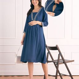 Bella Mama Viscose Woven Three Fourth Sleeves Maternity Dress with Floral Embroidery on Neck- Navy Blue-13