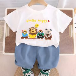Googo Gaaga Cotton Woven Half Sleeves Smile Happy Text Printed Tee & Shorts Set - White-image-79