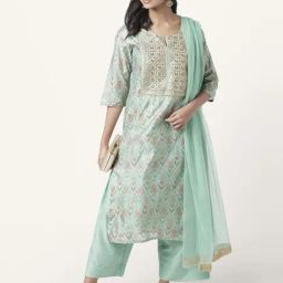 Rangmanch by Pantaloons Aqua Blue Embroidered Kurta Palazzo Set With Dupatta-image-72