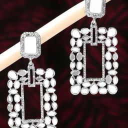 Oomph Silver Tone Mirror Kundan Rectangle Wedding Reception Traditional Large Dangler Earrings-28