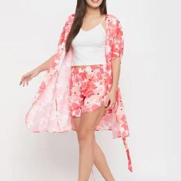 Clovia Red Floral Print Robe Shorts Set With Belt-image-63