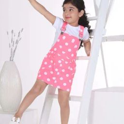Peppermint Girls Pink & White Cotton Printed Dungaree Set-image-2