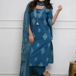 GEKHA Women Ethnic Motifs Printed Aari Work Pure Cotton Straight Kurta with Trousers-17
