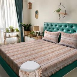 Klotthe Beige Cotton Printed 400 TC King Fitted Bedsheet with 2 Pillow Covers-picture-2
