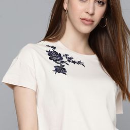 Chemistry Women Off-White Pure Cotton Floral Embroidered Detail Round Neck Pure Cotton T-shirt-image-8