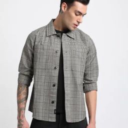 The Bear House Grey Cotton Slim Fit Checks Shacket-image-41