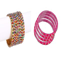SOMIL Set Of 16 Multi Artificial Stones Beaded Glass Bangles-image-46
