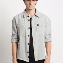 The Bear House Grey Cotton Relaxed Fit Self Pattern Shacket-image-17