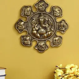 eCraftIndia 9 variants of Lord Ganesha Golden Metal Wall hanging-image-4