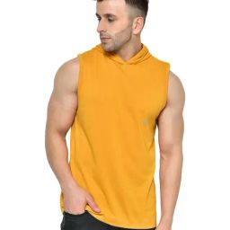 Chkokko Mustard Cotton Regular Fit Hooded T-Shirt-image-83