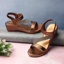 Iconics Women's Antique Gold Ankle Strap Wedges-image-11