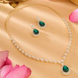 Zaveri Pearls Green Dazzling Stones Austrian Diamonds Necklace & Earring Set-ZPFK18231-26