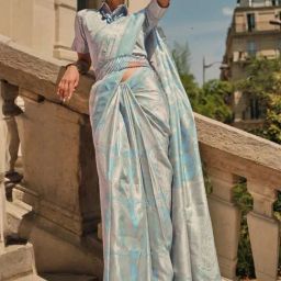 Odette Blue Silk Blend Woven Saree With Unstitched Blouse-picture-36