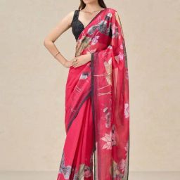 navyasa by liva Red Floral Print Saree With Unstitched Blouse-picture-37