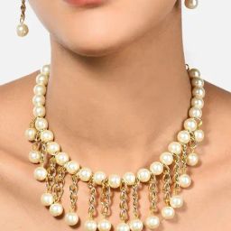 Zaveri Pearls Gold Tone Chain Fringe Contemporary Pearls Necklace & Earring Set-ZPFK10403-34