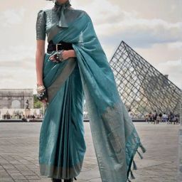 Odette Blue Silk Blend Woven Saree With Unstitched Blouse-picture-43