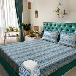 Klotthe Blue Cotton Printed 400 TC King Fitted Bedsheet with 2 Pillow Covers-picture-0