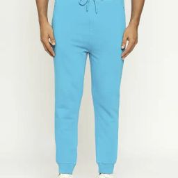 Basics Blue Cotton Jogger Fit Texture Joggers-image-14