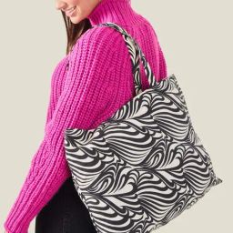 Accessorize London White & Black Cotton Printed Shopper Bag-image-1