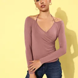 The Roadster Lifestyle Co. Regal Mauve Emo New Necklines Pure Cotton Off-Shoulder Wrap Top-image-98