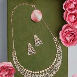 Zaveri Pearls Rose Gold Dazzling Cubic Zirconia Contemporary Brass Necklace & Earring Set-ZPFK18317-image-36