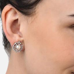 Zaveri Pearls Rose Gold Contemporary Cubic Zirconia & Pearls Brass Stud Earrings - ZPFK10399-61