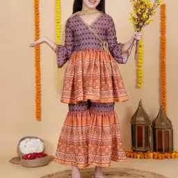 Cutiediva Girls Wine Printed Kurta & Sharara With Dupatta Set-picture-0
