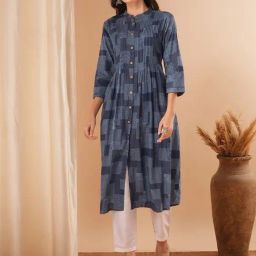 Fashor Blue Cotton Printed Three-Quarter Sleeves Kurta-image-39
