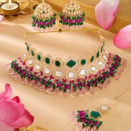 Zaveri Pearls Pink Green Stone Beads Austrian Diamond Choker Necklace Set-ZPFK18237-8