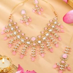 Zaveri Pearls Pink Stones Beads Austrian Diamonds Choker Necklace Earring & Maangtikka Set-ZPFK18236-picture-12
