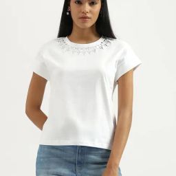 United Colors of Benetton White Cotton Embellished T-Shirt-image-102