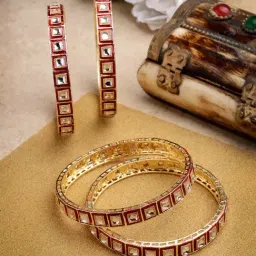 NVR Gold-Plated Red Kundan-Studded Traditional Bangles for Women - Set of 4-picture-3