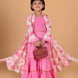 Cutiediva Girls Pink Cotton Floral Print Shrug & Top With Sharara Set-image-43