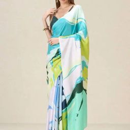 navyasa by liva White & Blue Printed Saree With Unstitched Blouse-image-41