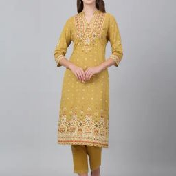 Cantabil Yellow Cotton Regular Fit Floral Kurti Plazo Set-image-4
