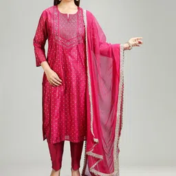 COTTON CULTURE Floral Embroidered Thread Work Chanderi Cotton Straight Kurta Set-image-18