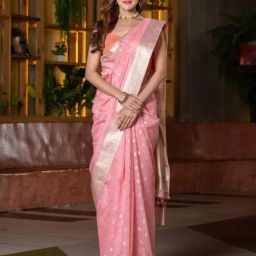Beatitude Pink Mukaish Zari Weaving Chanderi Cotton Saree-image-54