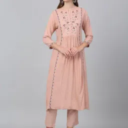 Cantabil Pink Rayon Regular Fit Embroidery Kurti Plazo Set-image-20