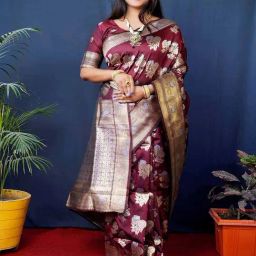 SHUBHKALA Maroon Silk Woven Saree With Unstitched Blouse-image-65