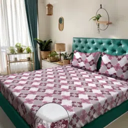 Klotthe Pink Cotton Printed 400 TC King Fitted Bedsheet with 2 Pillow Covers-picture-15