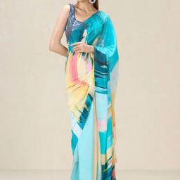 navyasa by liva Sky Blue Printed Saree With Unstitched Blouse-image-46