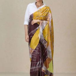 navyasa by liva Maroon & Yellow Printed Saree With Unstitched Blouse-picture-16