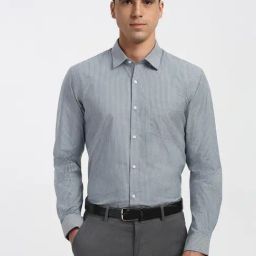 Peter England Grey Cotton Regular Fit Striped Shirt-image-8